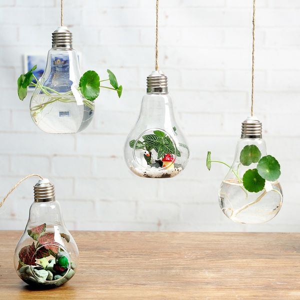 Hanging glass bulb-shaped lamp vase for flowers, water plants, or artificial arrangements, ideal for home, office, or wedding decor