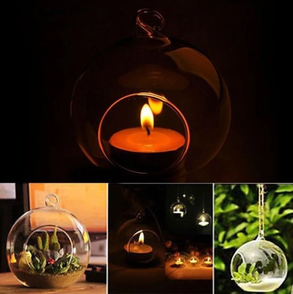 Hanging glass holder for tealight globes, air plants, succulents, and terrariums with LED lighting