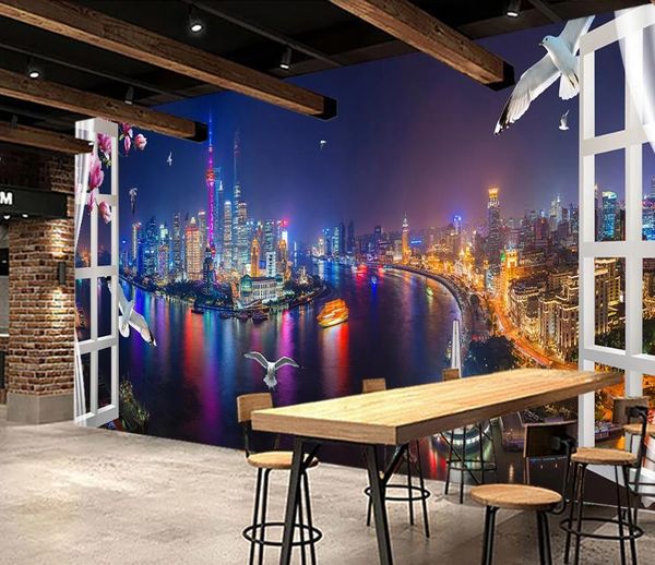 HD 3D city night wallpaper panels for kids' rooms, living rooms, and TV backgrounds