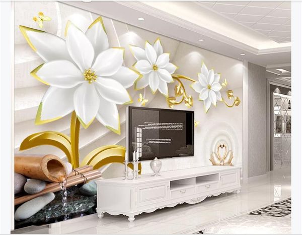 HD 3D silk wallpaper featuring luxurious golden floral and jewel designs with embossed texture for elegant TV wall decoration