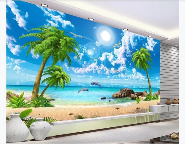HD custom 3D silk photo murals featuring dreamy seascapes with coconut trees and beach landscapes for TV wall backgrounds