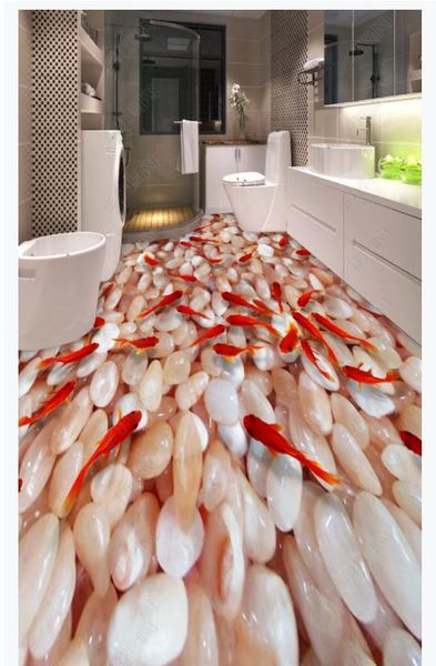 HD waterproof 3D self-adhesive floor stickers featuring cobblestone and goldfish designs for bedroom interior decoration