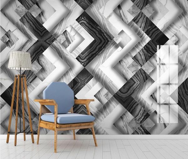 High-definition custom 3D wallpaper featuring white geometric marble tile design for modern minimalist TV or sofa backdrop