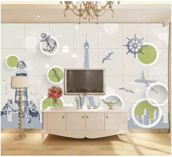 High-end custom 3D photo wallpaper featuring Mediterranean lighthouse and European architecture for TV background walls
