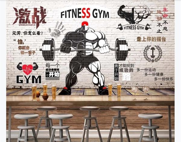 High-quality large custom 3D wallpaper featuring a nostalgic retro white brick wall design for sports fitness clubs, with weightlifting-themed mural background