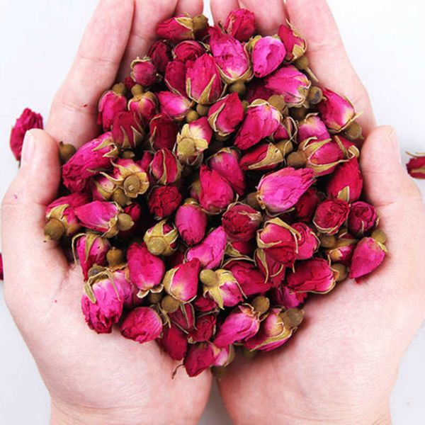 High-quality organic dried pink rose buds, perfect for gifts, weddings, and decorations, available in 100g, 300g, or 500g packs