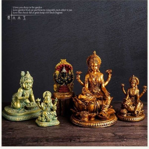 Hindu deity figurines including Vishnu, Shiva, mountain goddess, and Hanuman resin mini statues for home decor