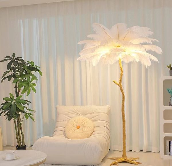 Home Decor Resin Stand Lamp with three-color photochromic feature and ostrich feather design for bedroom floor lighting