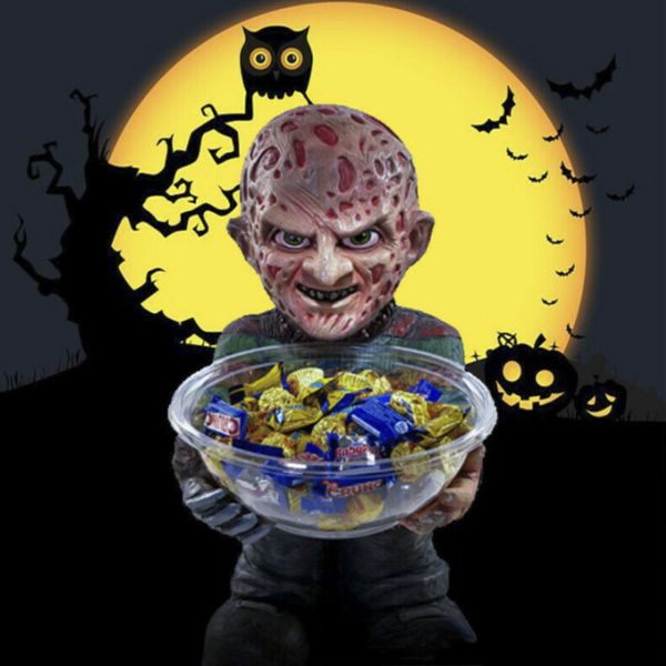 Horror-themed decorative gnome statue with candy bowl, perfect for Halloween home decor