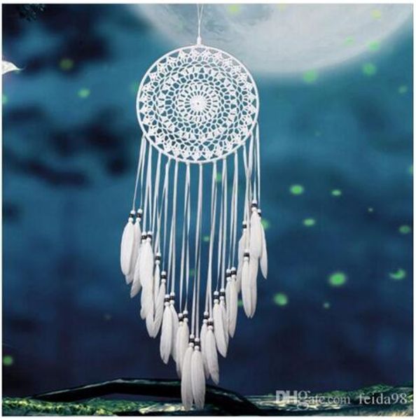 Indian-style handmade lace dreamcatcher wind chimes featuring white feathers, car decor or home ornament, set of 5