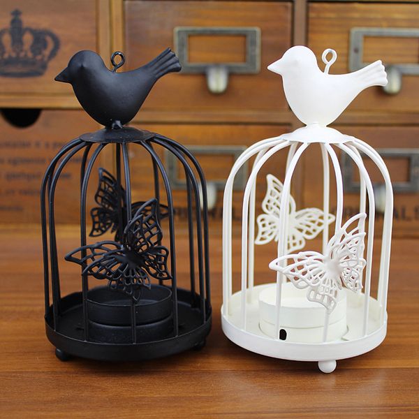 Iron candlestick holder with white birdcage design for wall or tree decoration