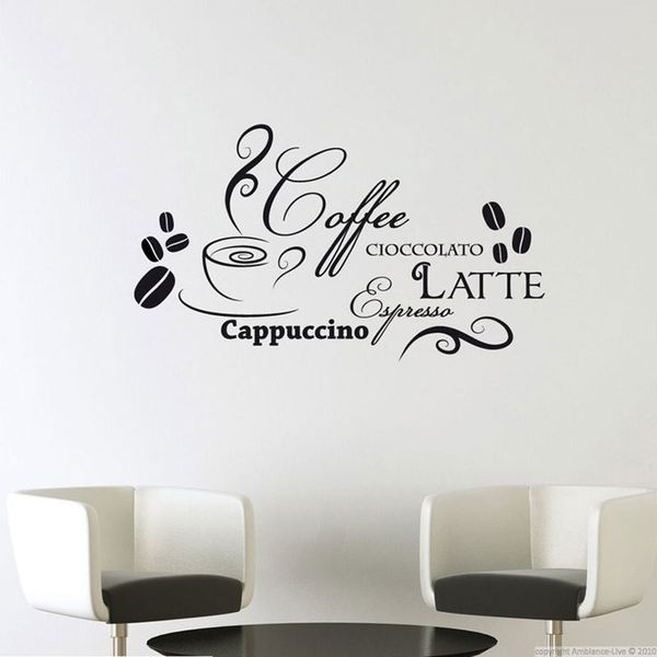 Italian-style vinyl decal quotes for coffee lovers, featuring "cioccolto," "latte," and "cappuccino," perfect for dining room decor and waterproof murals