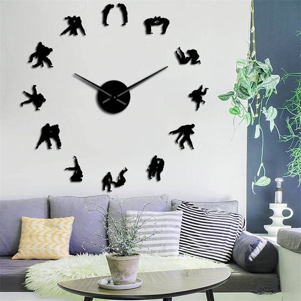 Japanese martial arts silhouette wall clock with mirror effect for DIY home decor