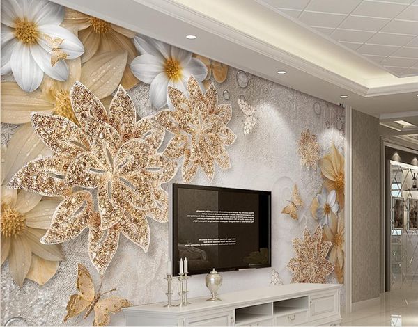 Jewelry-inspired floral butterfly photo mural for modern bedroom walls, 3D landscape backdrop home decor
