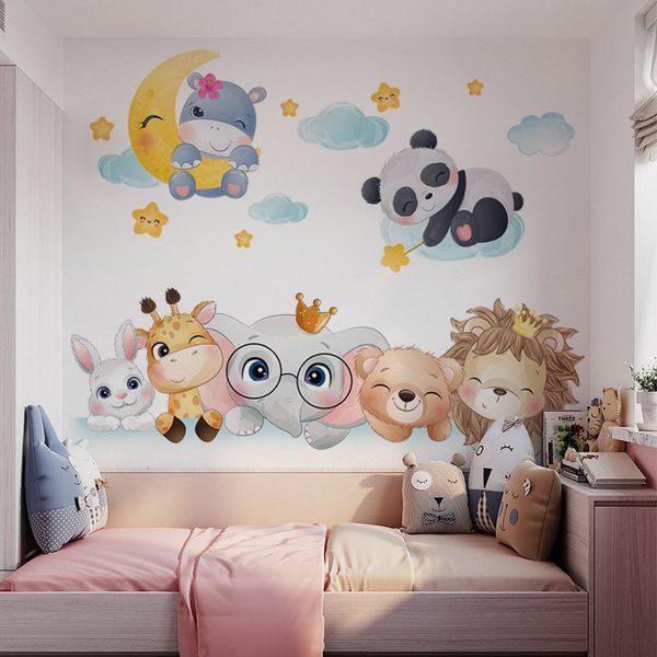 Kawaii Cartoon Animals Wall Sticker for Children Girls Boys Baby Room Decoration Nursery Wallpaper Lion Bear Giraffe Panda Cloud