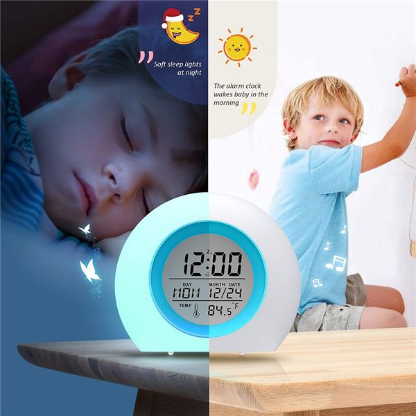 Kids' digital alarm clock with 7-color night light, temperature display, and wake-up timer for bedside use