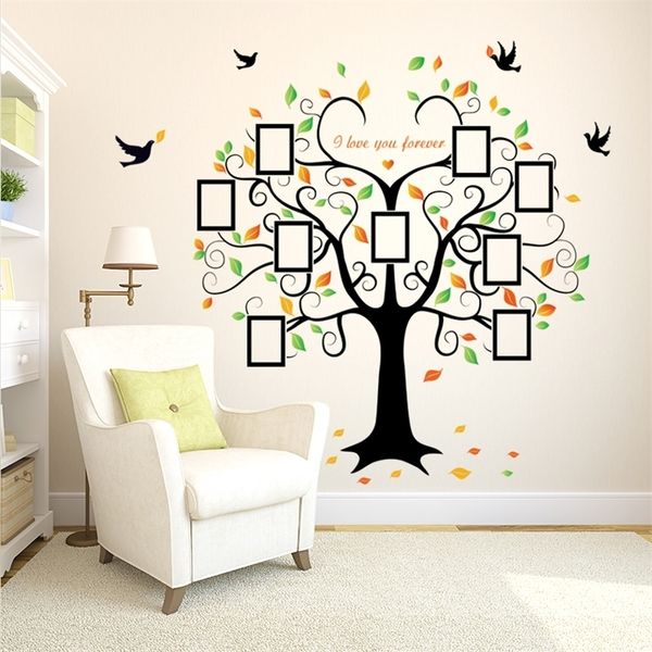 Large 240cm/80inch family photo frame with removable wall sticker tree design featuring "Love You Forever," birds, and butterflies, model SK2010W 201211