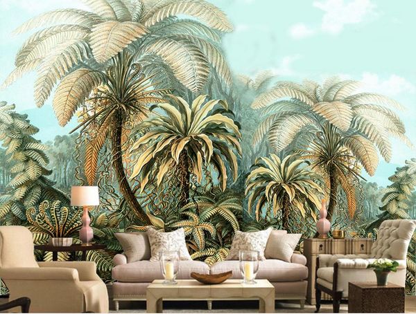 Large 3D backdrop wallpaper featuring hand-painted tropical plants, perfect for living room or bedroom decor