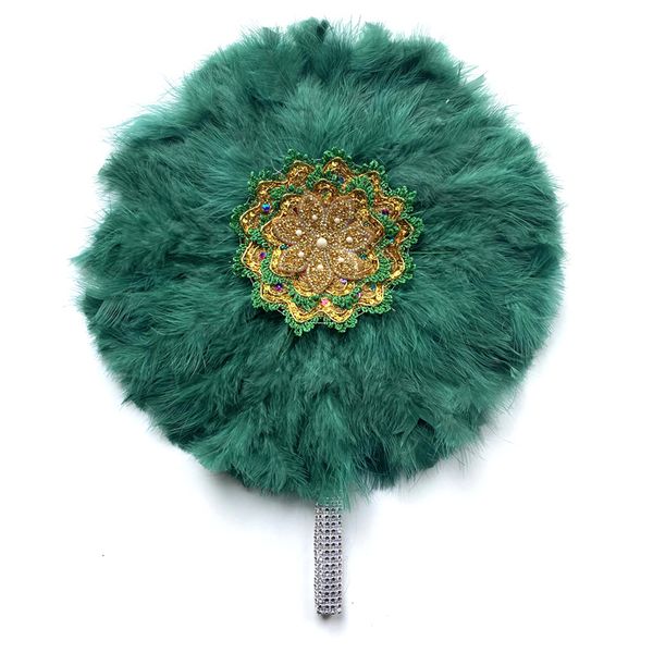 Large African white feather fan for brides, double-sided with decorative floral accents