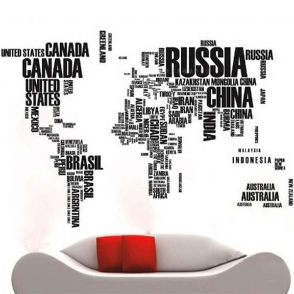 Large black removable vinyl wall decal set featuring a world map, perfect for bedroom decoration, measuring 116x190cm