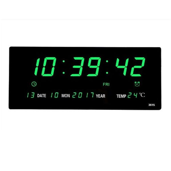 Large digital LED table clock with hourly chime, calendar, temperature display, and plug-in power