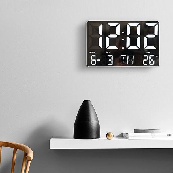 Large digital wall clock with remote control, lamp sensor, temperature display, date function, power-off memory, and plug-in LED meter
