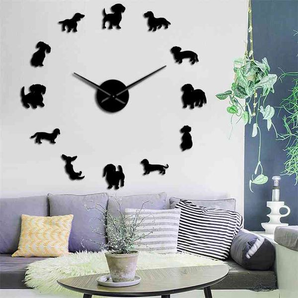 Large DIY wall clock featuring dachshund dog breeds, perfect for pet store decor or as a gift for dog lovers, with mirror stickers and hanging watch design