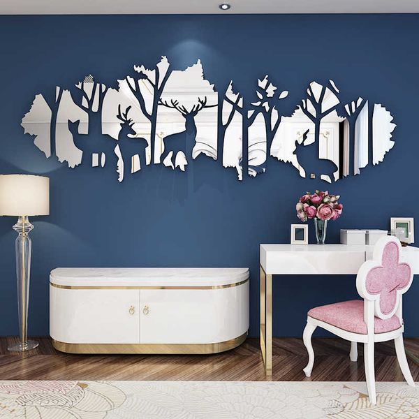 Large Forest Deer Acrylic Mirror wall decals for living room, personalized 3D wall stickers for home interior decoration 210705