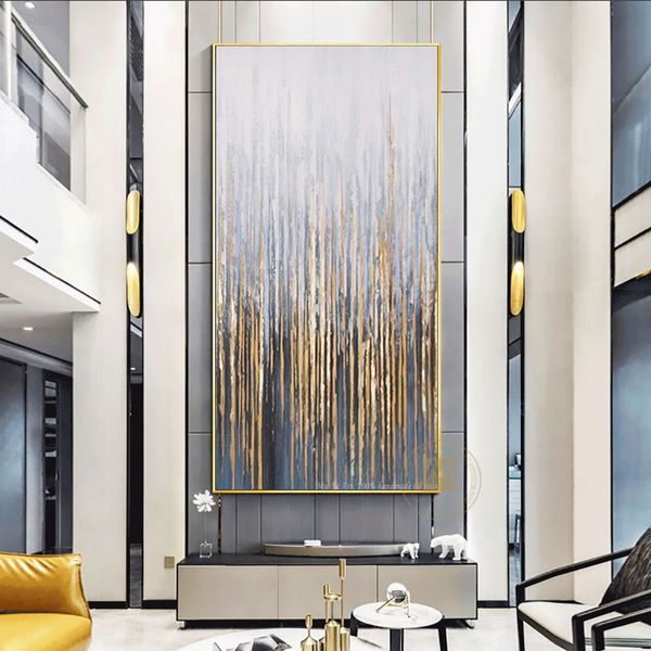 Large handmade vertical abstract oil painting on canvas for living room wall decor in golden tones LJ201128