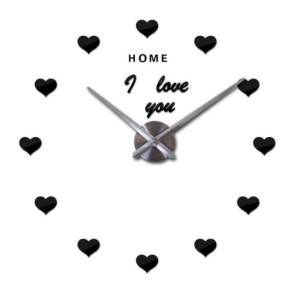Large love heart wall clock with silent digital display, acrylic mirror 3D DIY sticker for oversized hanging home decor