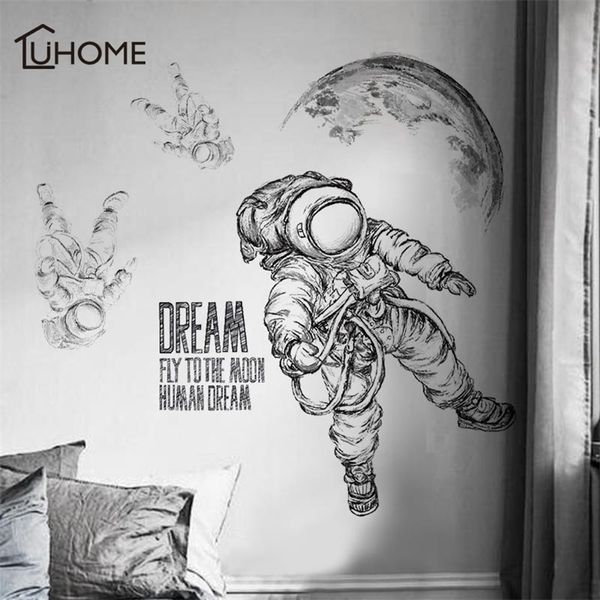Large vintage black and white space astronaut wall decal for living room, bedroom, or kids' room decoration