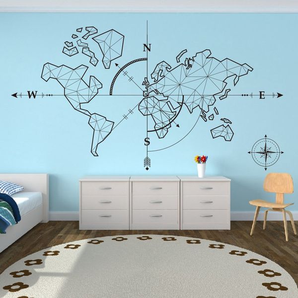 Large world map compass wall decal for global travel and adventure decor