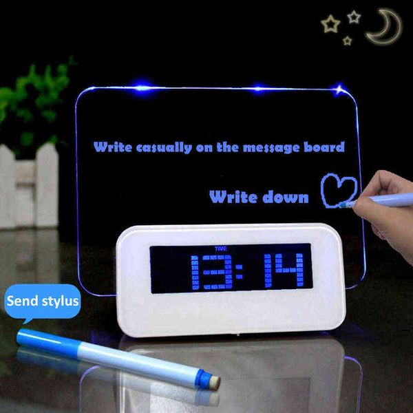 LED digital alarm clock with backlight, snooze, mute, calendar, and message board for desktop use