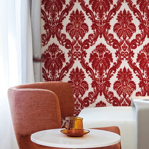 Light gold and red 3D textured suede velvet wallpaper for luxurious home decor