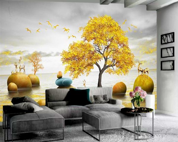 Living 3D Golden Fortune Tree wallpaper for modern interior decor with premium atmospheric effect