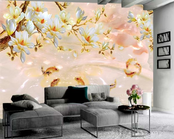 Living 3D wallpaper featuring auspicious fish and flowers, perfect for home decor in living rooms and bedrooms with HD quality