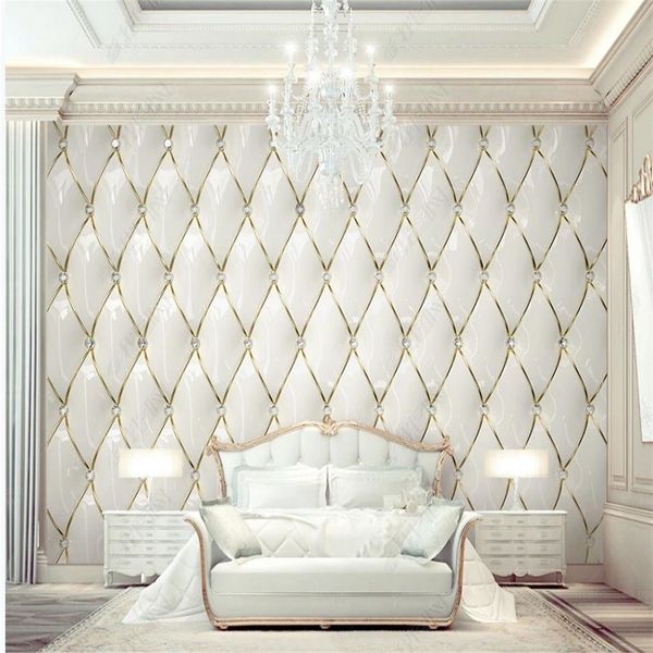 Luxurious 3D European-style soft padded wall with golden crystal diamond stitching