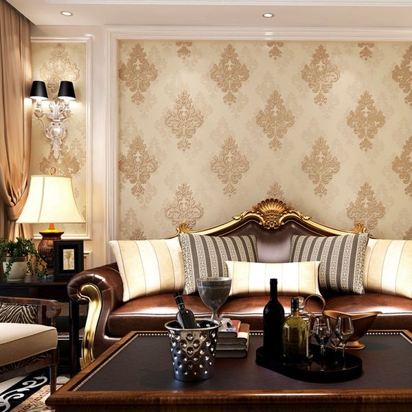 Luxurious contemporary 3D damask vinyl wallpaper for bedrooms and living rooms in silver grey, black, red, and brown shades