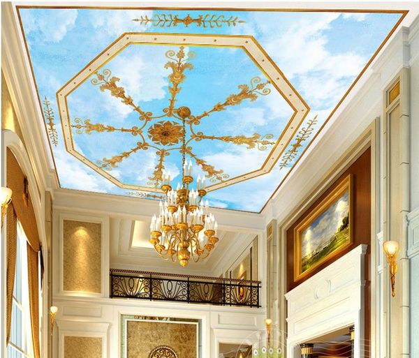 Luxurious golden-patterned 3D ceiling wallpaper for elegant living room decor
