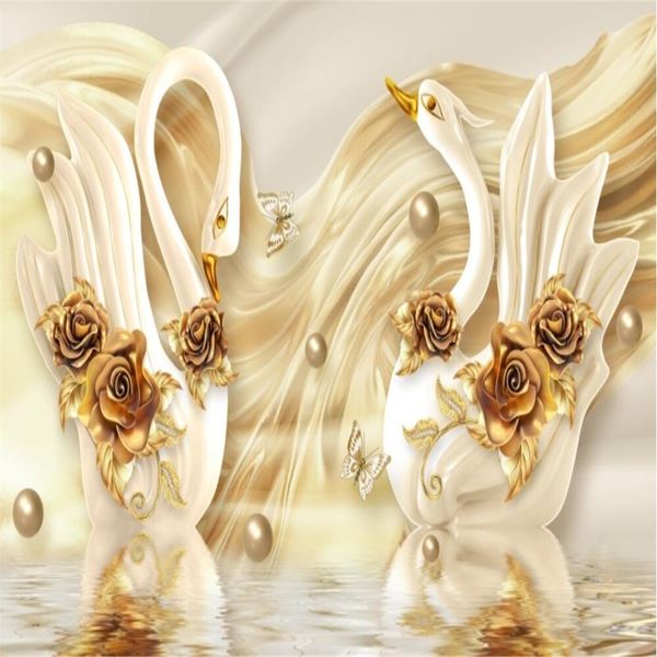 Luxury swan and blue floral wallpaper with jewel accents for TV wall backgrounds