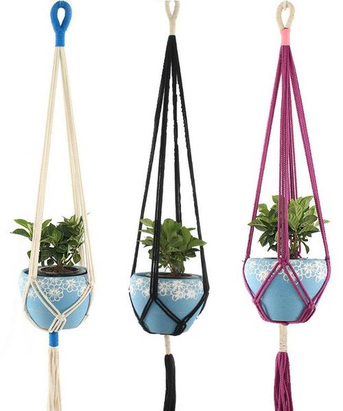 Macrame plant hangers for indoor and outdoor use, featuring jute rope flowerpot baskets in white, purple, and black for garden and home decor
