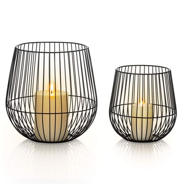 Matte Black Wire Iron Lantern Modern Metal Pillar Candle Holder for Living Room Christmas Dinning Party