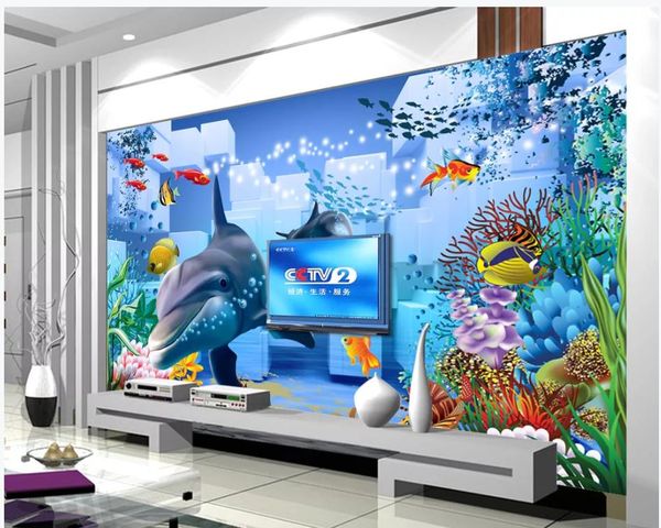 Mediterranean-style 3D underwater mural wallpaper featuring dolphins for wall decoration