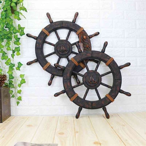 Mediterranean-style wooden ship rudder wall decor, creative nautical-themed helm steering wheel for bars