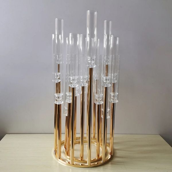 Metal candle holder with acrylic cover, vase-style stand for wedding table centerpiece, pillar candle road lead party decor