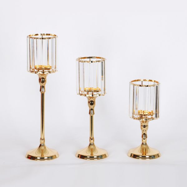 Metal candle holder with large crystals, gold-plated for weddings and romantic home table decor