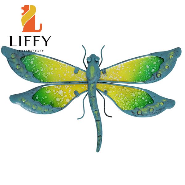 Metal cyan dragonfly glass wall artwork for garden and indoor decor