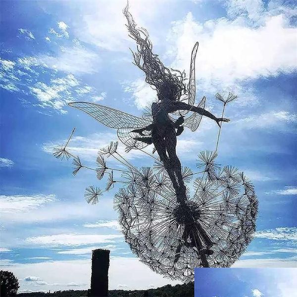 Metal garden art featuring fairies and dandelions dancing together as decorative lawn stakes