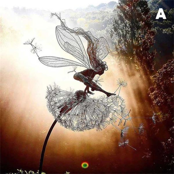 Metal garden stake featuring a fairy elf playing with a dandelion, perfect for outdoor home decor