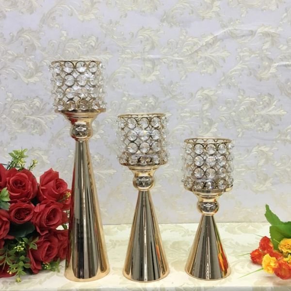 Metal gold crystal candle holder for elegant wedding and home decor